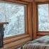 Cozy Rustic Log Cabin Bedroom With Fireplace And Snowy Forest View