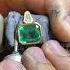Hand Making An Emerald Cut Emerald Kite Diamond Three Stone Large Bezel Engagement Ring 18K Gold